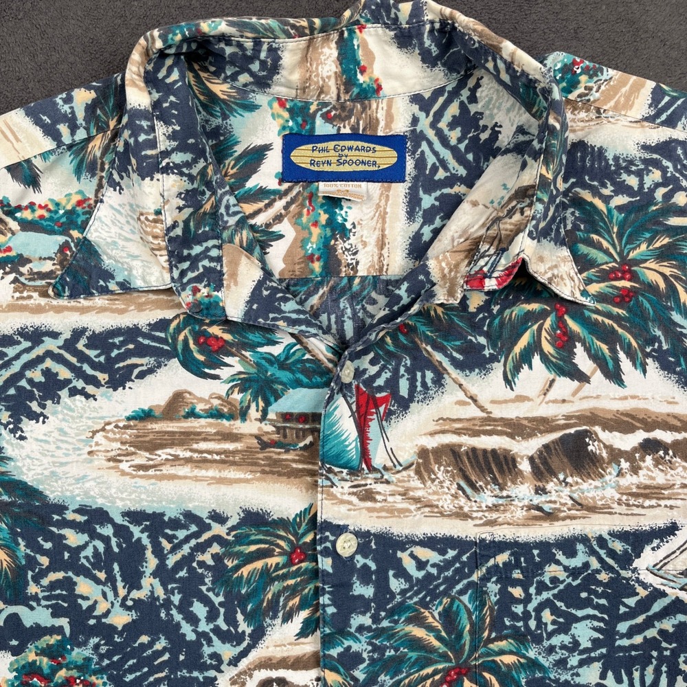 Vintage Phil Edwards Reyn Spooner Hawaiian Aloha Shirt Mens Medium Blue Tropical